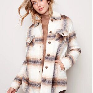 Charlie B Women’s Beige & Brown Plaid Boiled Wool Shirt Jacket Shacket NWT